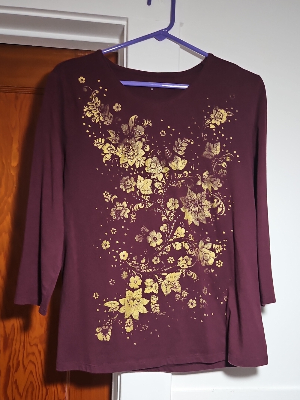Laura Scott Purple Plum Gold Flowers Floral 3/4 Sleeve T-Shirt Size XL EUC